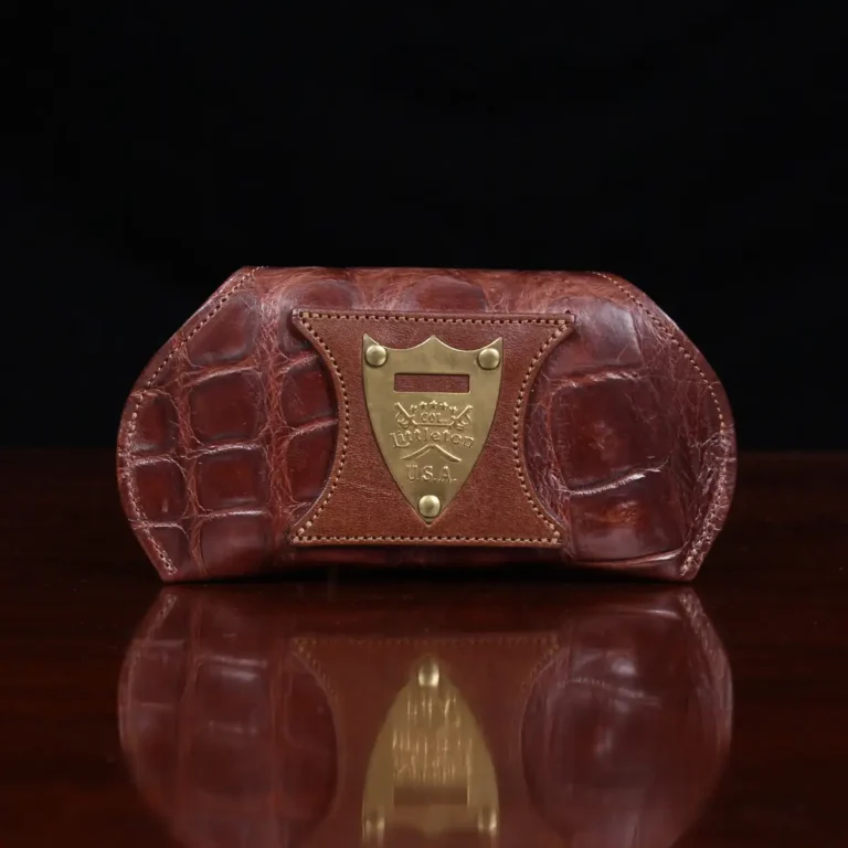 Aviator Eyecase glasses case in brown American Alligator - back view on black background