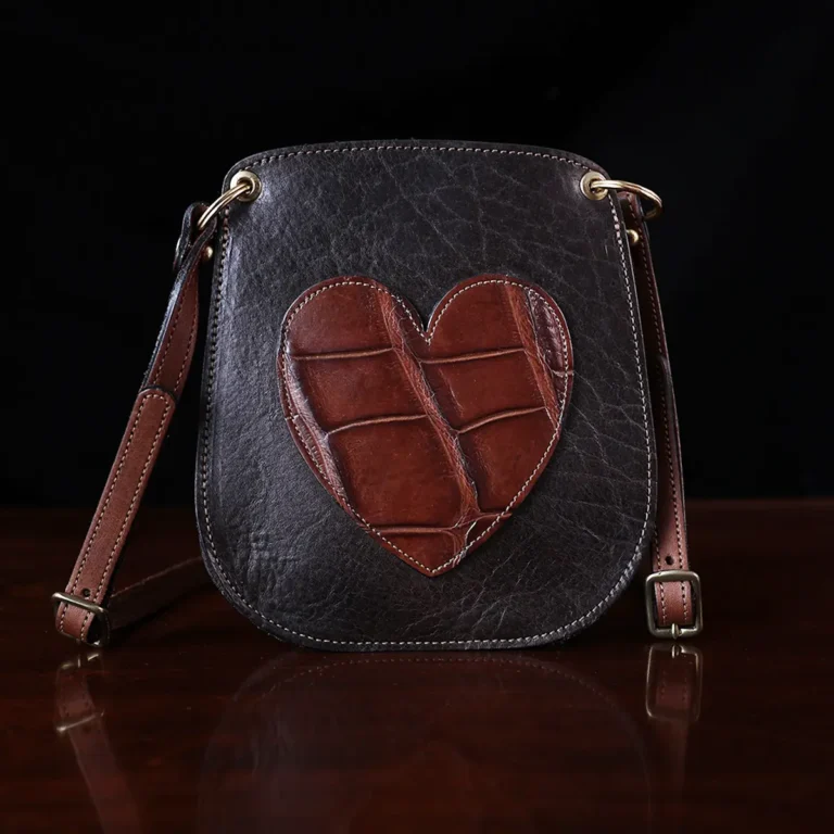 Bella Bag Ladies' Crossbody Purse in Tobacco Brown American Buffalo with Vintage Brown Steerhide Strap and American Alligator heart - front view