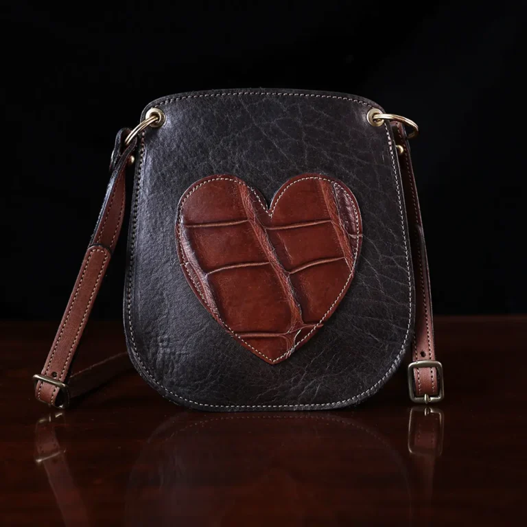 CL - Bella Bag Ladies' Crossbody Purse in Tobacco Brown American Buffalo with Vintage Brown Steerhide Strap and American Alligator heart - front view