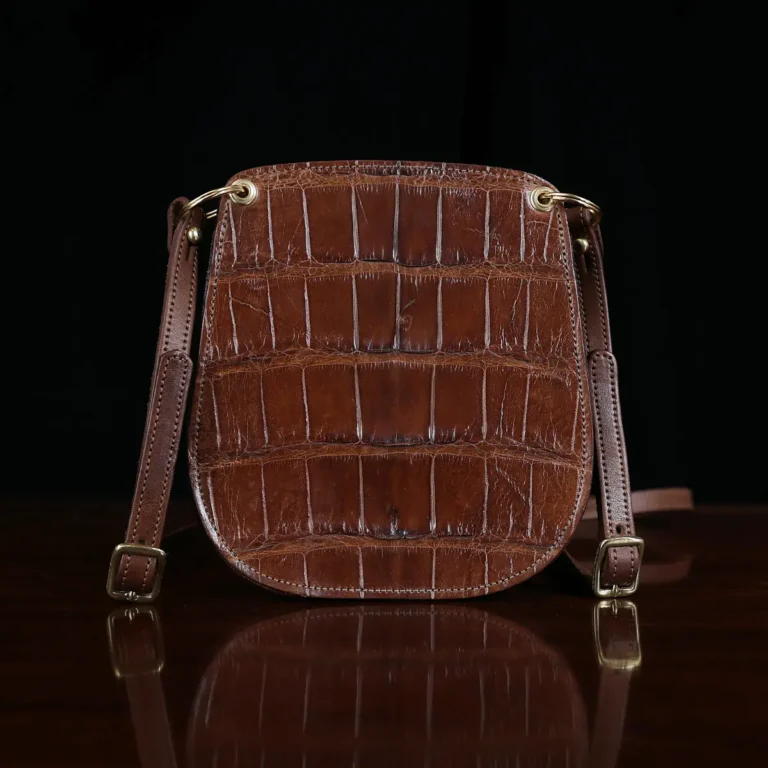 Bella Bag Ladies' Crossbody Purse in Tobacco Brown American Buffalo with Vintage Brown Steerhide Strap and American Alligator front panel- front view