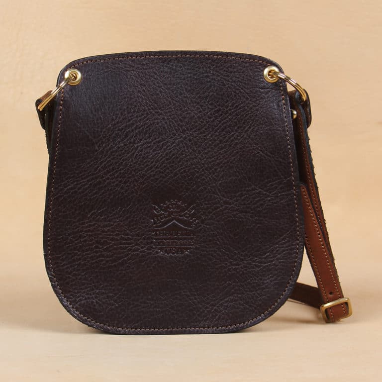 Bella Bag Ladies' Crossbody Purse in Tobacco Brown American Buffalo with Vintage Brown Steerhide Strap and American Alligator Boot on front - ID 001 - back view