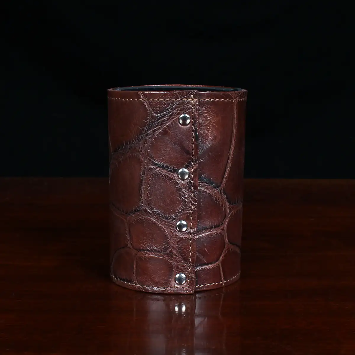Colonel Can Caddy in brown American Alligator - Single - ID 003 - back view with can on a black background