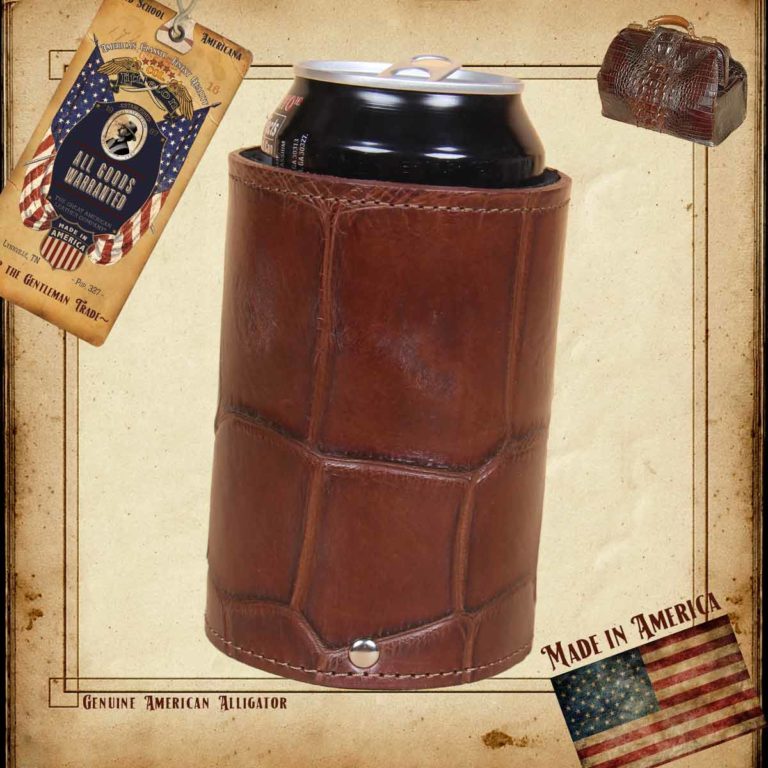 Colonel Can Caddy in brown American Alligator - Single - ID 003 - front view with can cut out on vintage paper background