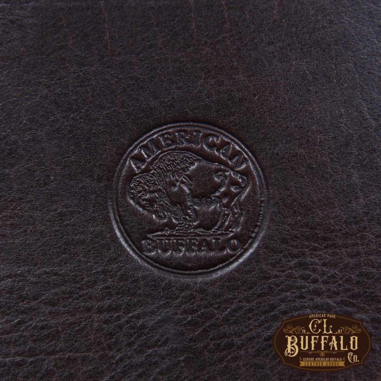 dark brown buffalo leather duffel bag - detail view of american buffalo stamp