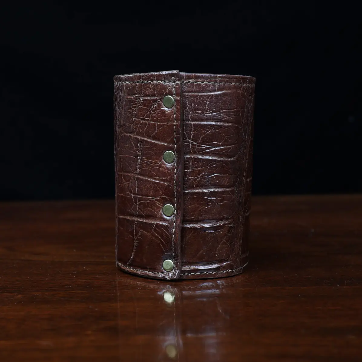 View larger image of Colonel Can Caddy in brown American Alligator - Single - ID 003 - back view with a black background