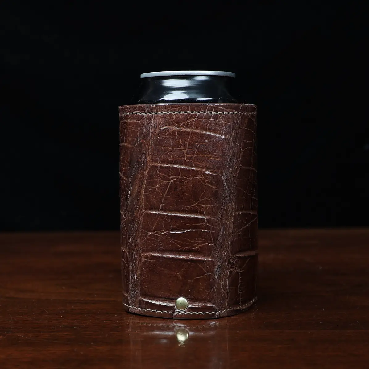 View larger image of Colonel Can Caddy in brown American Alligator - Single - ID 003 - front view with can and a black background