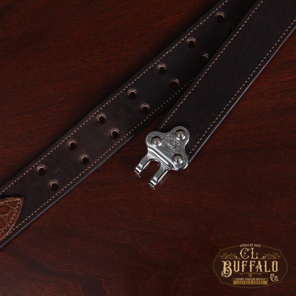 buffalo leather ranger belt adjustable hook sitting on wood table