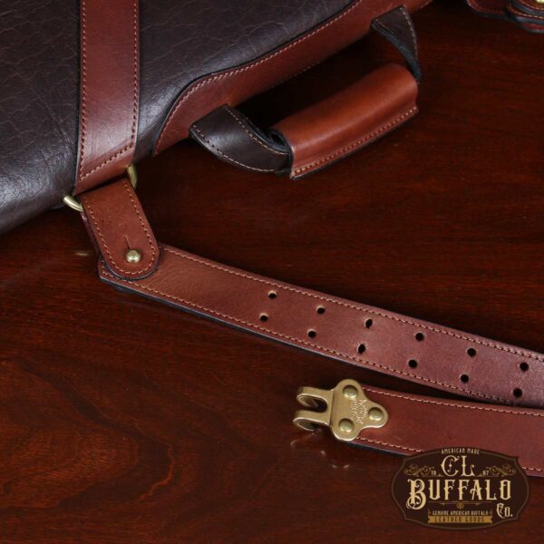 No. 41 Commander Briefcase in Tobacco Brown American Buffalo - Close-up view of strap with adjustable hook
