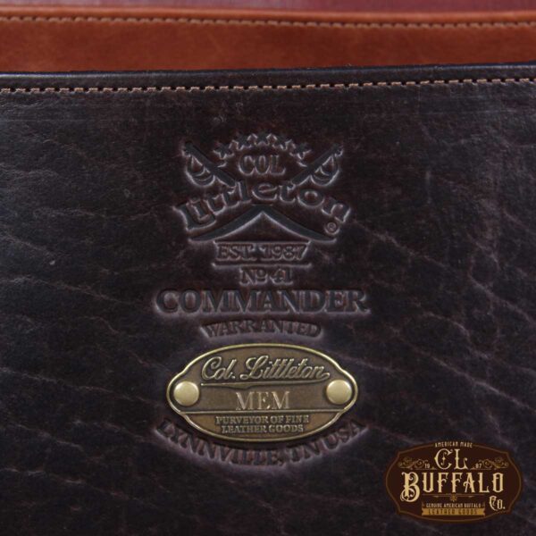 No. 41 Commander Briefcase in Tobacco Brown American Buffalo - Detail view of stamp with personalization plate