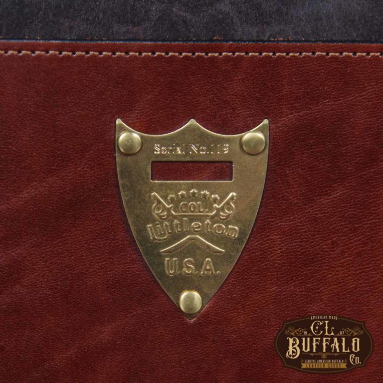 No. 41 Commander Briefcase in Tobacco Brown American Buffalo - Detail view of Serial Number engraved pommel shield