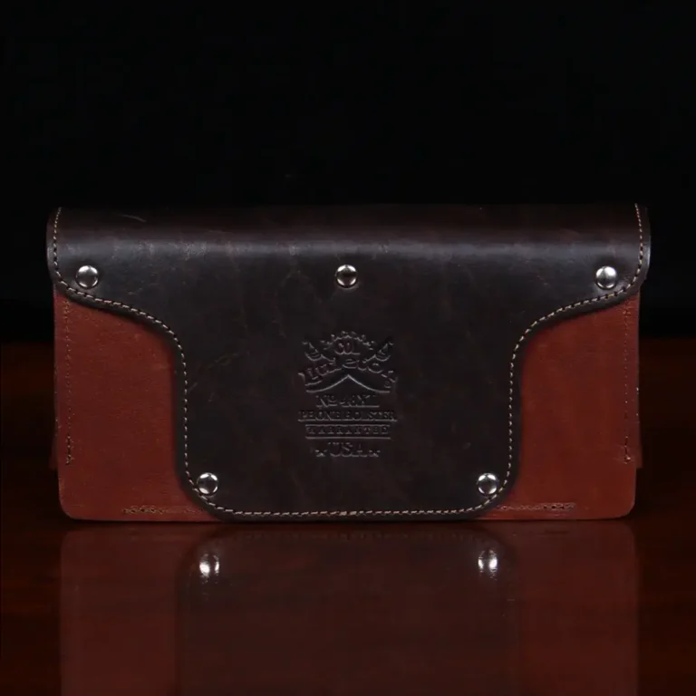 No. 48XL Phone Holster in Tobacco Brown sitting on a table showing the back side