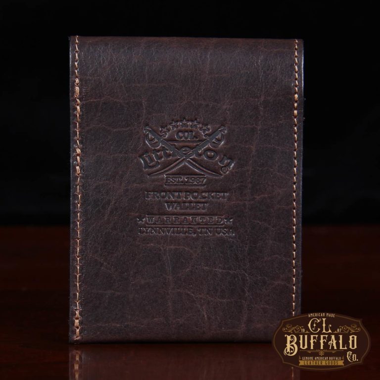 Dark brown american buffalo leather Front Pocket Wallet with fold-over flap - back view with logo stamp