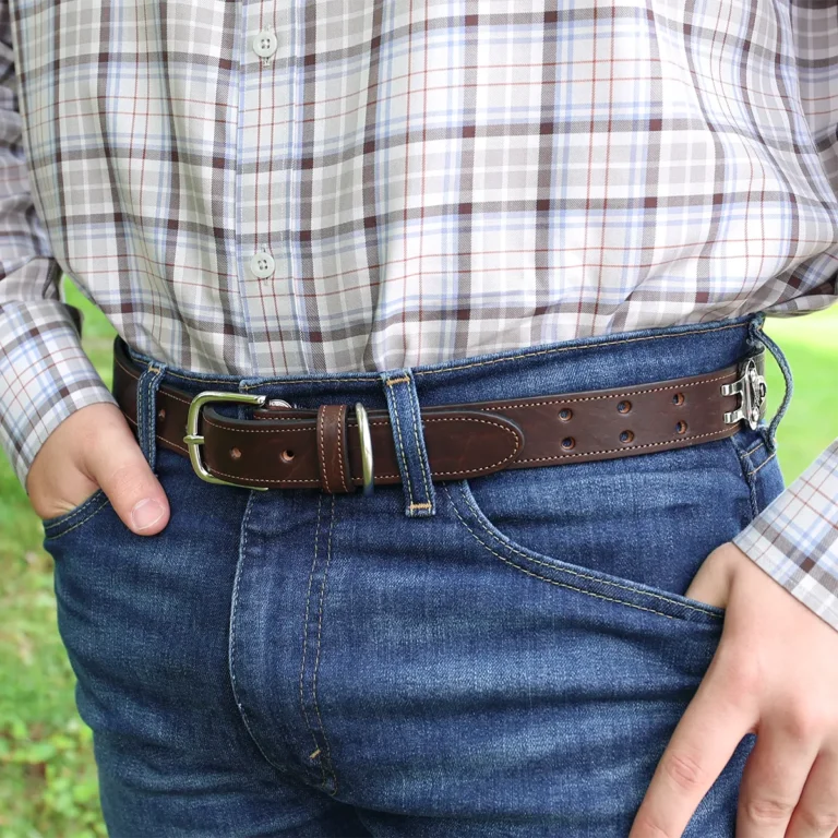 a man wearing the no 1 belt in tobacco brown american buffalo