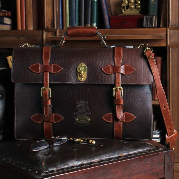 Made in USA Brown Col Littleton Full-Grain Leather Navigator Briefcase