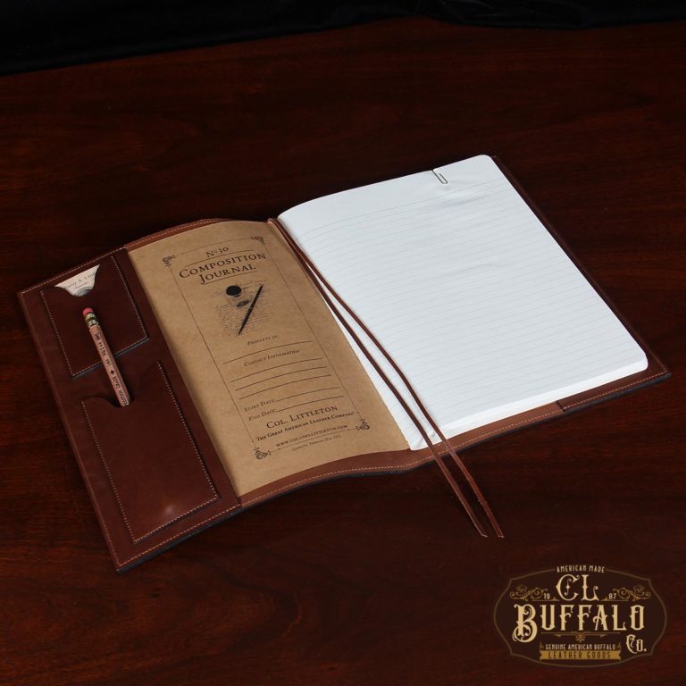 Dark drown buffalo leather composition journal cover - open view