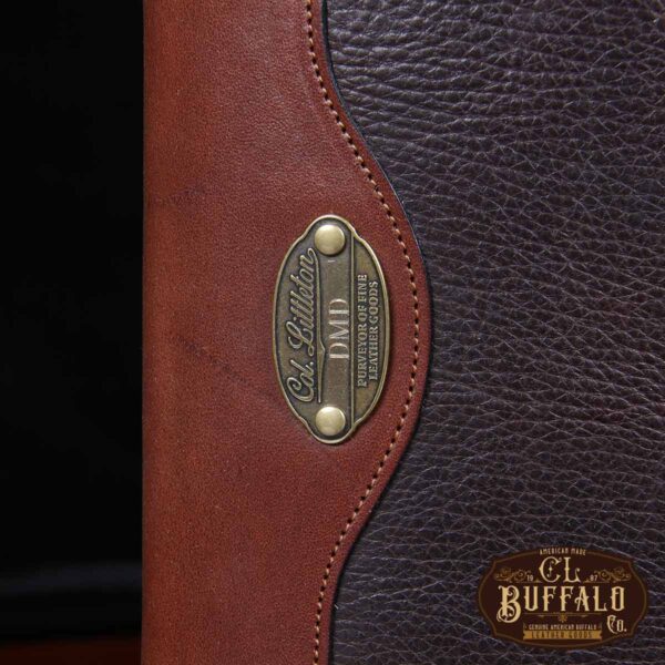 Dark drown buffalo leather composition journal cover - personalization plate detail view