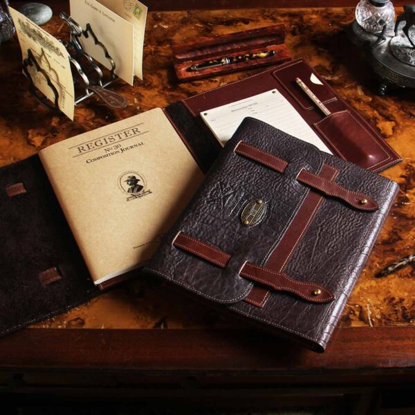 No. 33 Notebook in Tobacco Brown American Buffalo Leather on wood desk