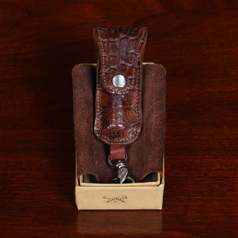 Brown Leather American Alligator Lip Balm Holder - Front view inside open box