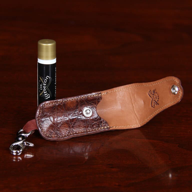 Brown Leather American Alligator Lip Balm Holder - empty open view with lip balm standing upright behind it