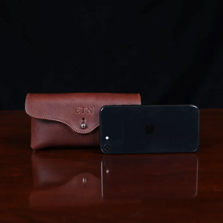 front view brown leather horizontal phone holster with phone