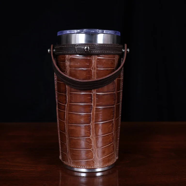 No. 20 Traveler Tumbler Sleeve Set in American Alligator with Tobacco Brown American Buffalo Trim - 20oz stainless steel tumbler - ID 001 - front view on a black background