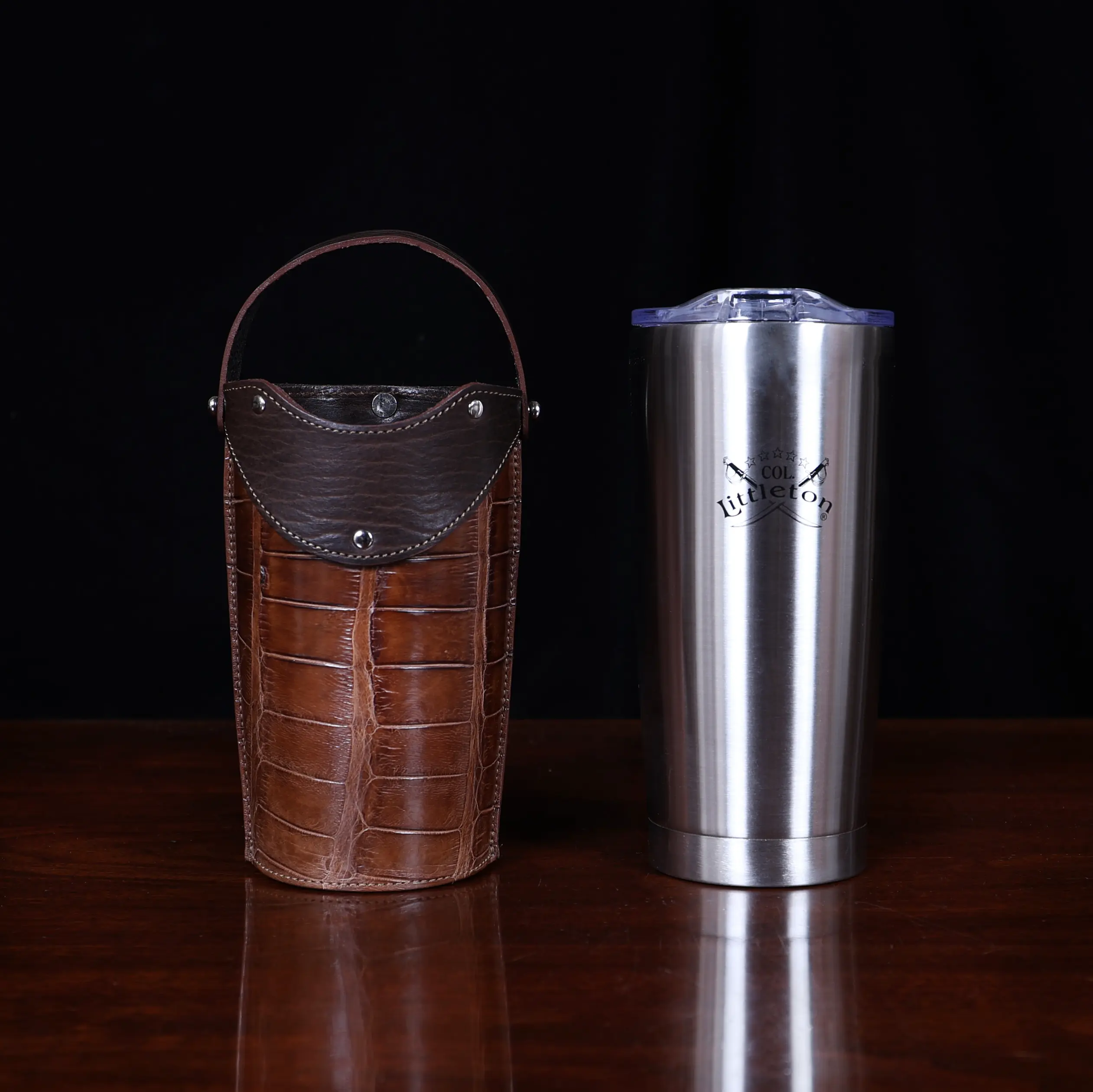No. 20 Traveler Tumbler Sleeve Set in American Alligator with Tobacco Brown American Buffalo Trim - 20oz stainless steel tumbler - ID 001 - front view with cup on a black background