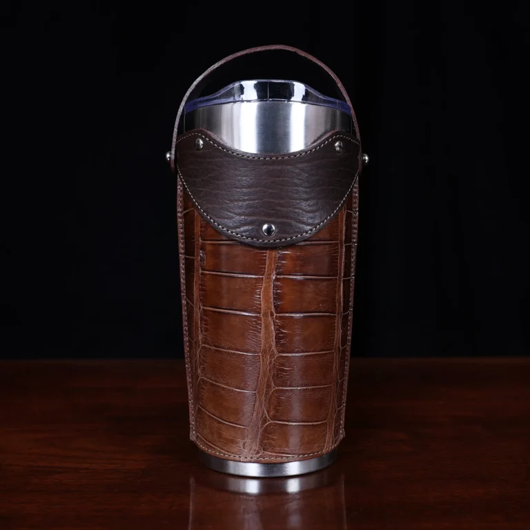 No. 20 Traveler Tumbler Sleeve Set in American Alligator with Tobacco Brown American Buffalo Trim - 20oz stainless steel tumbler - ID 001 - front view on a black background