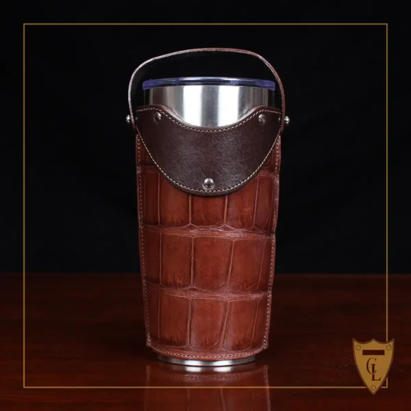 No. 20 Traveler Tumbler Sleeve Set in American Alligator with Tobacco Brown American Buffalo Trim - 20oz stainless steel tumbler - ID 001 - front view on a black background