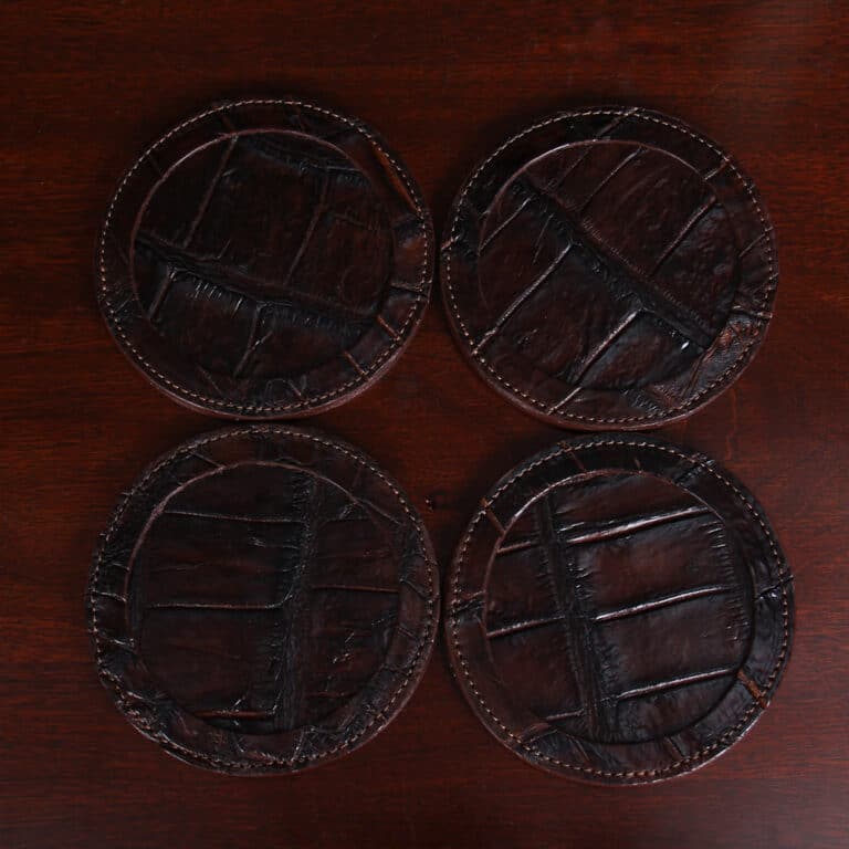 Round leather coasters in Brown American Alligator - set of 4 - ID 001 - top view of 4 coasters on black background