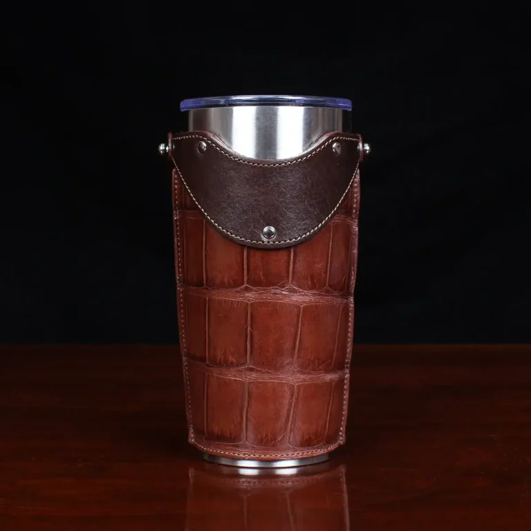 No. 20 Traveler Tumbler Sleeve Set in American Alligator with Tobacco Brown American Buffalo Trim - 20oz stainless steel tumbler - ID 001 - front view on a black background no strap