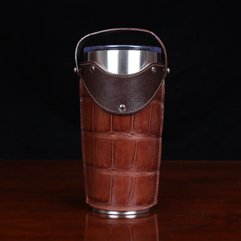 No. 20 Traveler Tumbler Sleeve Set in American Alligator with Tobacco Brown American Buffalo Trim - 20oz stainless steel tumbler - ID 001 - front view on a black background