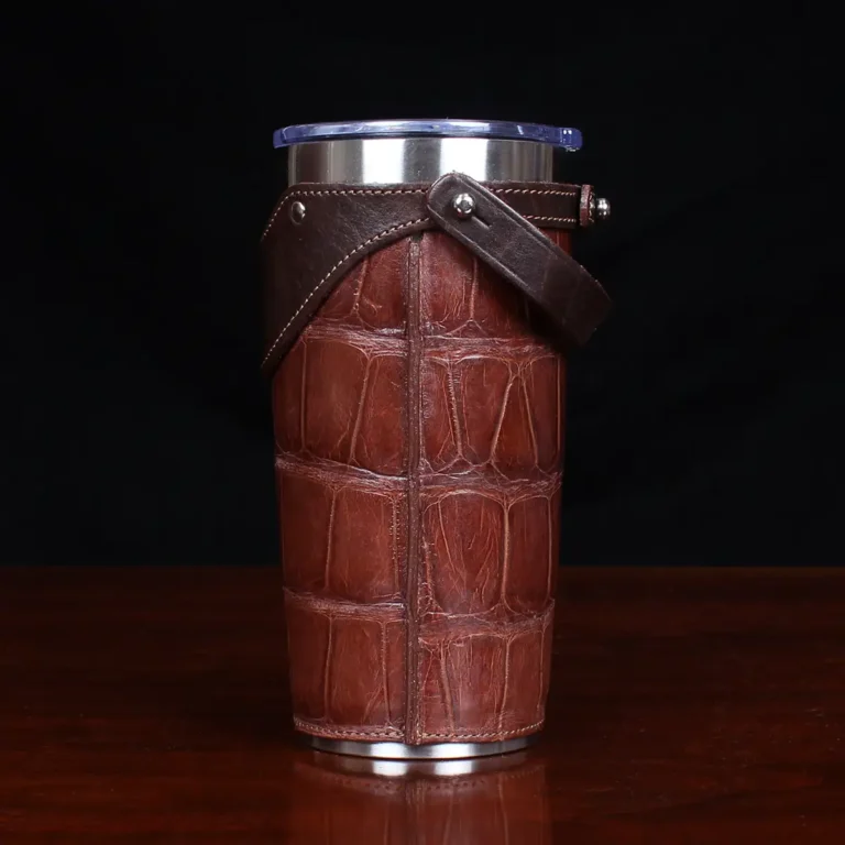 No. 20 Traveler Tumbler Sleeve Set in American Alligator with Tobacco Brown American Buffalo Trim - 20oz stainless steel tumbler - ID 001 - side view on a black background