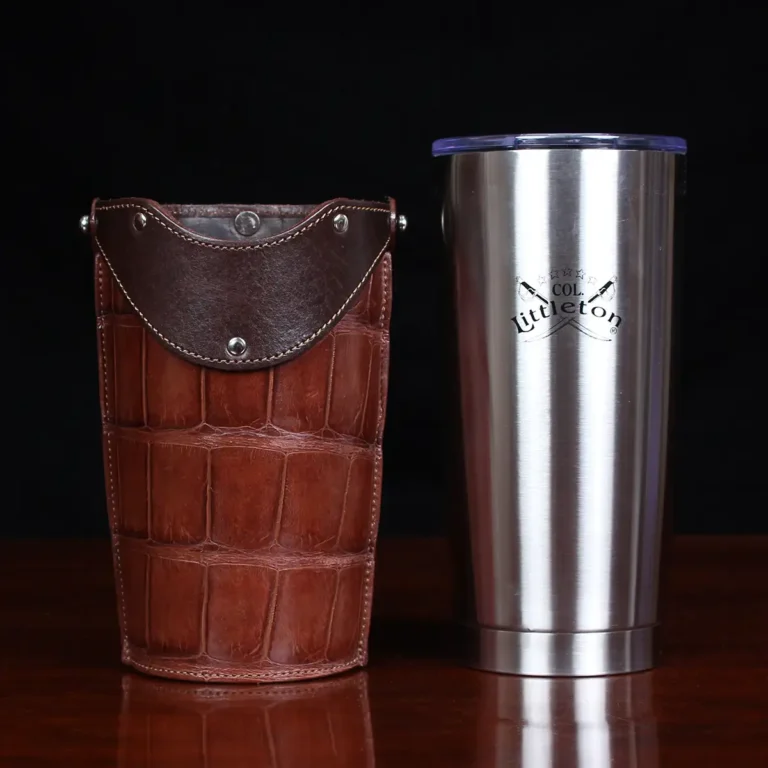 No. 20 Traveler Tumbler Sleeve Set in American Alligator with Tobacco Brown American Buffalo Trim - 20oz stainless steel tumbler - ID 001 - front view with tumbler on a black background