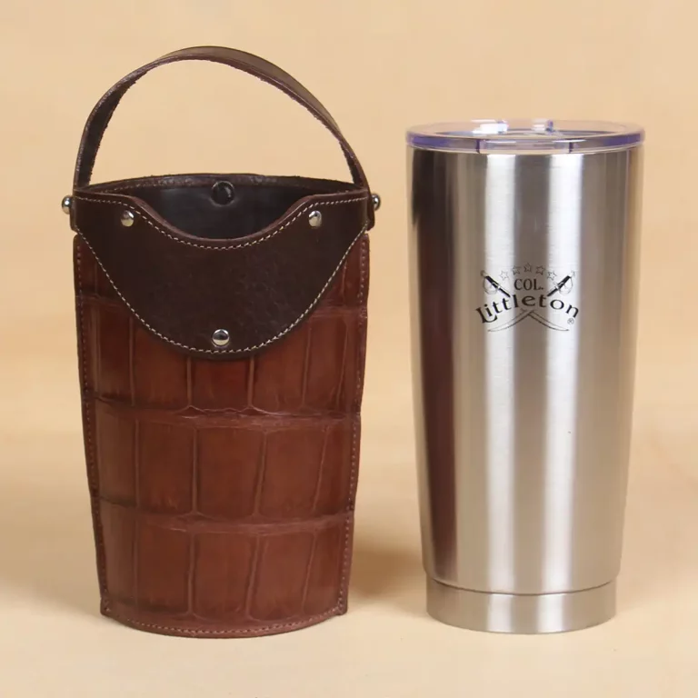 No. 20 Traveler Tumbler Sleeve Set in American Alligator with Tobacco Brown American Buffalo Trim - 20oz stainless steel tumbler - ID 001 - stainless tumbler cup on right with logo printed on front and empty alligator leather sleeve on right