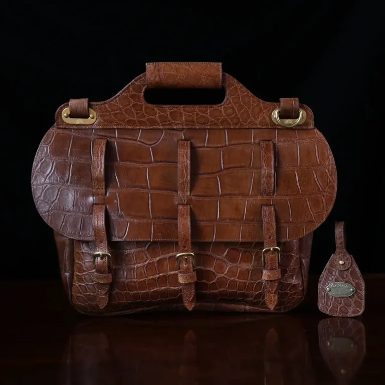 No. 1 Saddlebag Briefcase in Vintage Brown American Alligator - Serial Number 013 - front view with luggage tag