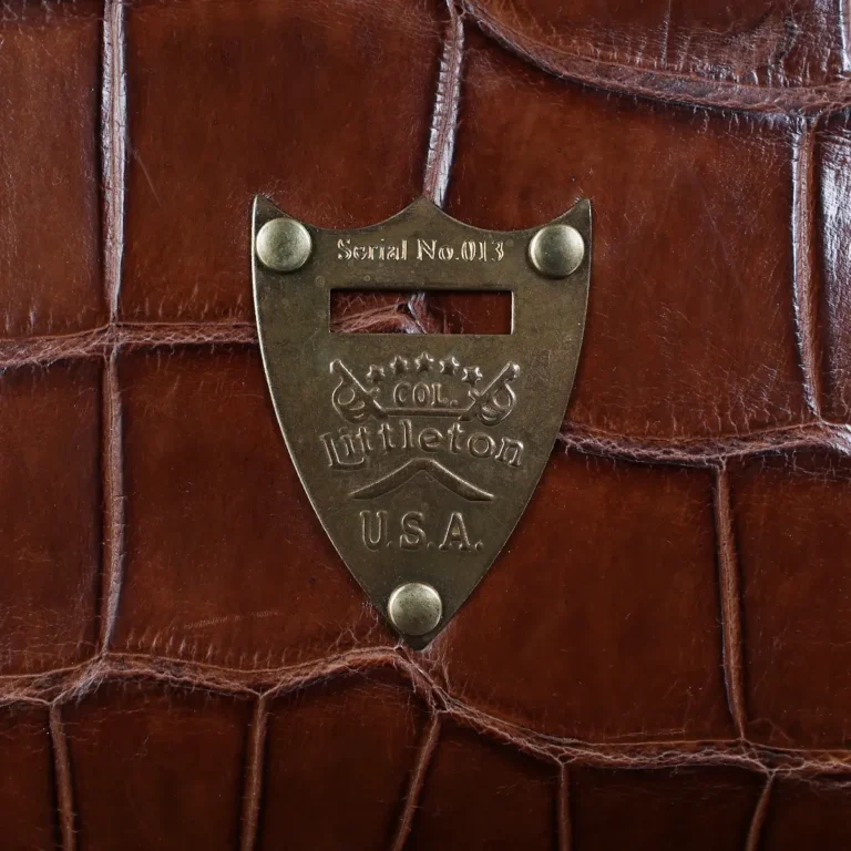 No. 1 Saddlebag Briefcase in Vintage Brown American Alligator - Serial Number 013 - pommel shield view