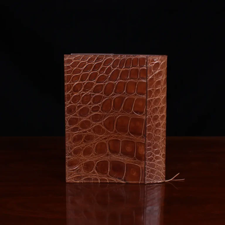 No. 20 Composition Journal in Vintage Brown American Alligator - ID 001 - back view on a black background