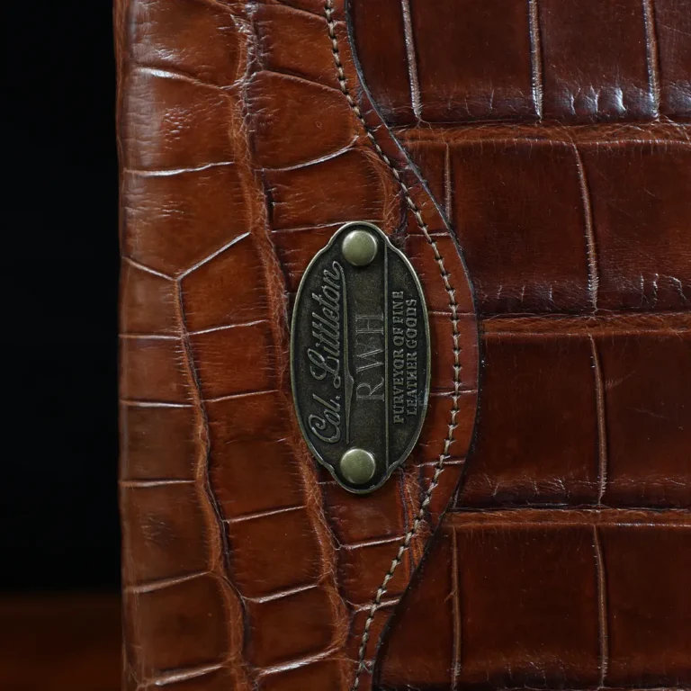No. 30 Composition Journal in Vintage Brown American Alligator - ID 001 - front view of personalization on a black background