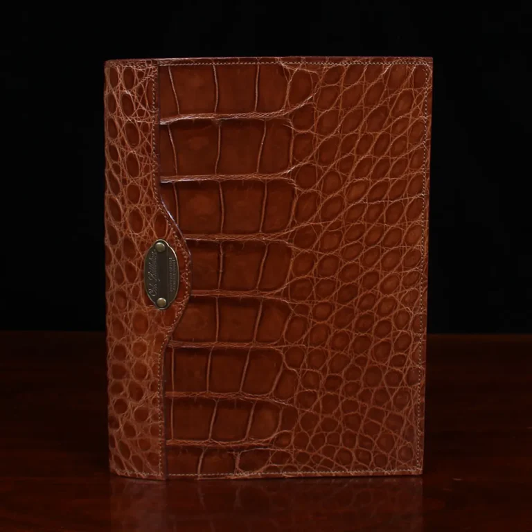 No. 20 Composition Journal in Vintage Brown American Alligator - ID 002 - front view on a black background