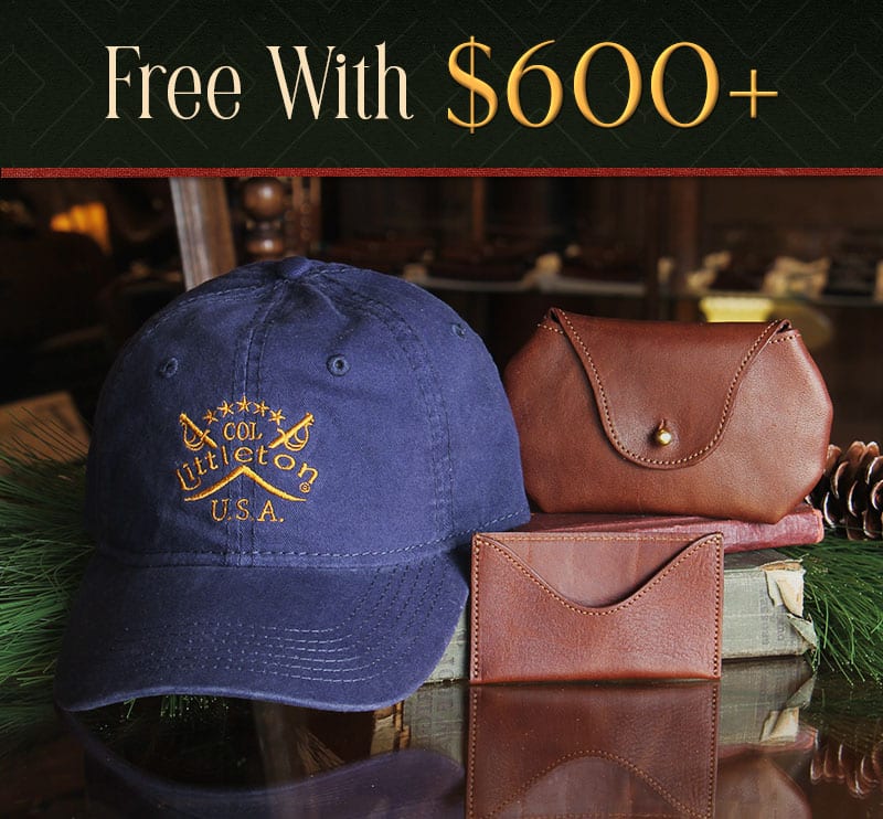 Free gift with orders $600+: Navy Col. Littleton Cap and No. 3 leather Card Wallet and No. 1 Leather Pouch
