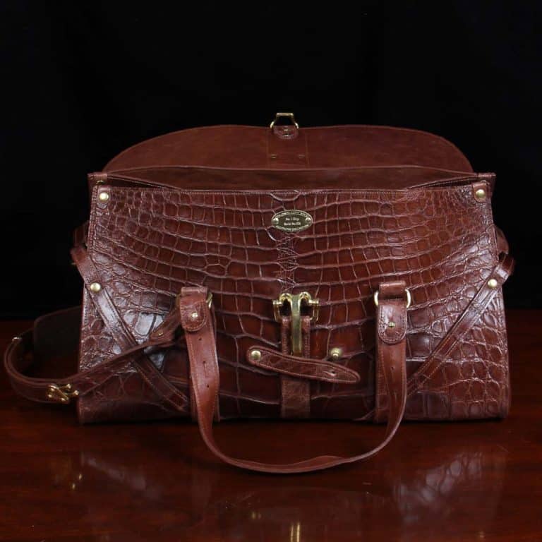 No. 1 Grip Travel Duffel Bag in Vintage Brown American Alligator - serial number 009 - front view with open flap