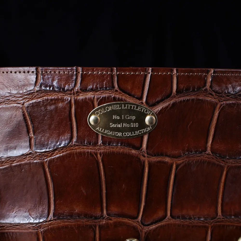 No. 1 Grip Travel Duffel Bag in Vintage Brown American Alligator - serial number 010 - Front view of serial number