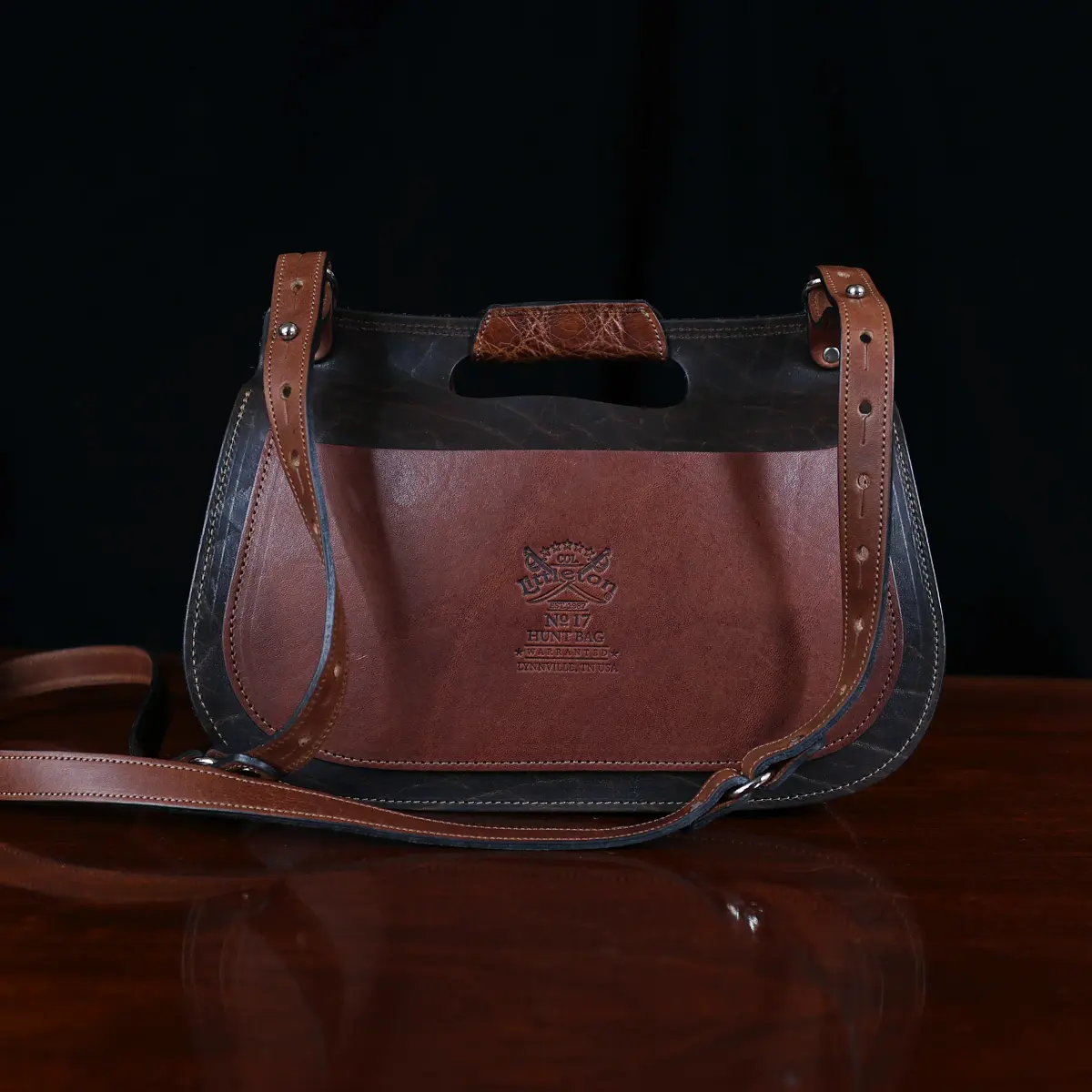 No. 17 Hunt Bag ladies' crossbody in Tobacco Brown American Buffalo and trimmed with American Alligator and Vintage Brown American Steerhide - back view