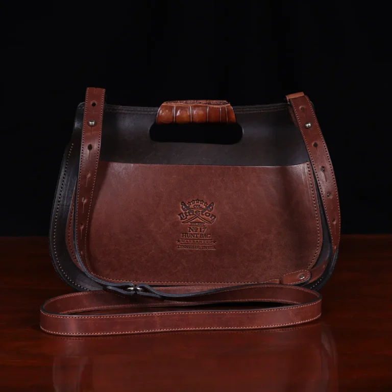 No. 17 Hunt Bag ladies' crossbody in dark Tobacco Brown American Buffalo and trimmed with American Alligator and Vintage Brown American Steerhide - 001 - back view on black background