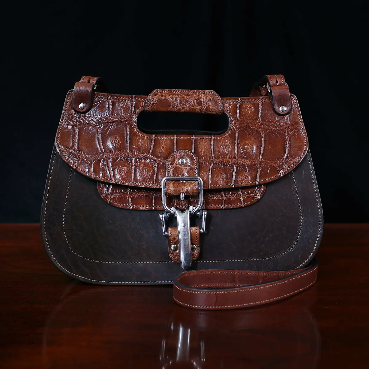No. 17 Hunt Bag ladies' crossbody in Tobacco Brown American Buffalo and trimmed with American Alligator and Vintage Brown American Steerhide - front view