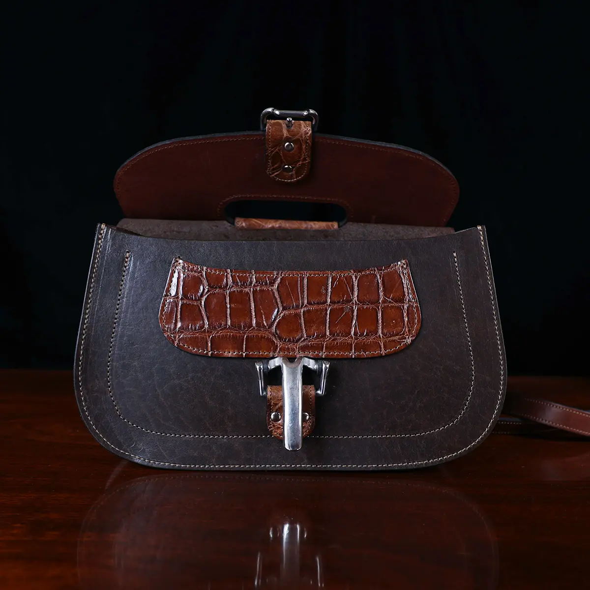 No. 17 Hunt Bag ladies' crossbody in Tobacco Brown American Buffalo and trimmed with American Alligator and Vintage Brown American Steerhide - front open view