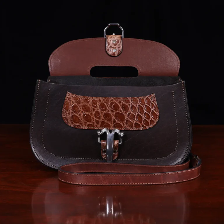 No. 17 Hunt Bag ladies' crossbody in dark Tobacco Brown American Buffalo and trimmed with American Alligator and Vintage Brown American Steerhide - 001 - Front open view on black background
