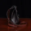 No. 17 Hunt Bag ladies' crossbody in dark Tobacco Brown American Buffalo and trimmed with American Alligator and Vintage Brown American Steerhide - 001 - side view on black background