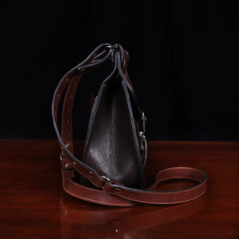No. 17 Hunt Bag ladies' crossbody in dark Tobacco Brown American Buffalo and trimmed with American Alligator and Vintage Brown American Steerhide - 001 - side view on black background