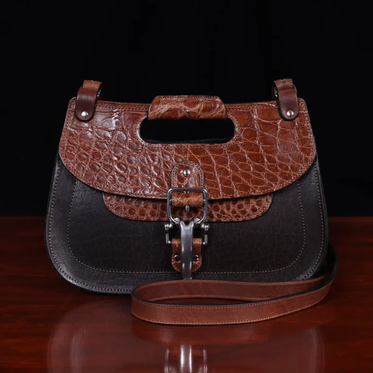 No. 17 Hunt Bag ladies' crossbody in Tobacco Brown American Buffalo and trimmed with American Alligator and Vintage Brown American Steerhide - front view